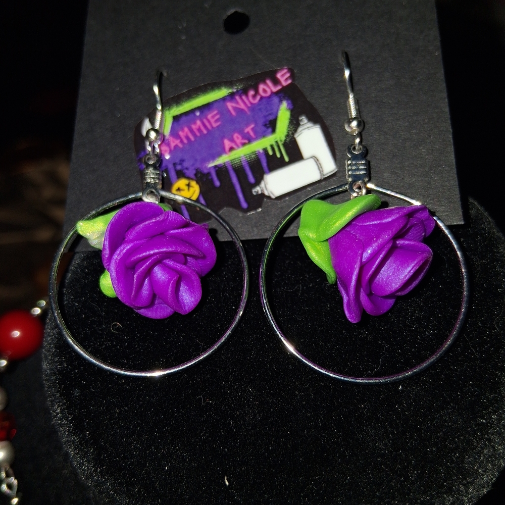 Handmade Purple and Green Rose Earrings